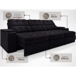 Sofá com Porta Copos e Carregador USB Eureka 2,30m Assento Retrátil e Reclinável Velosuede Preto – netsofas - Imagem 3