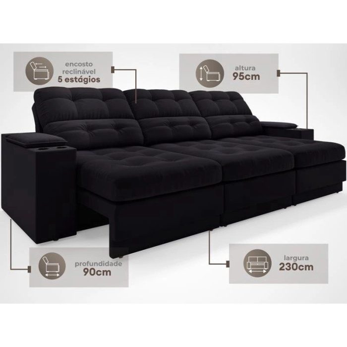 Sofá com Porta Copos e Carregador USB Eureka 2,30m Assento Retrátil e Reclinável Velosuede Preto – netsofas - Imagem 3