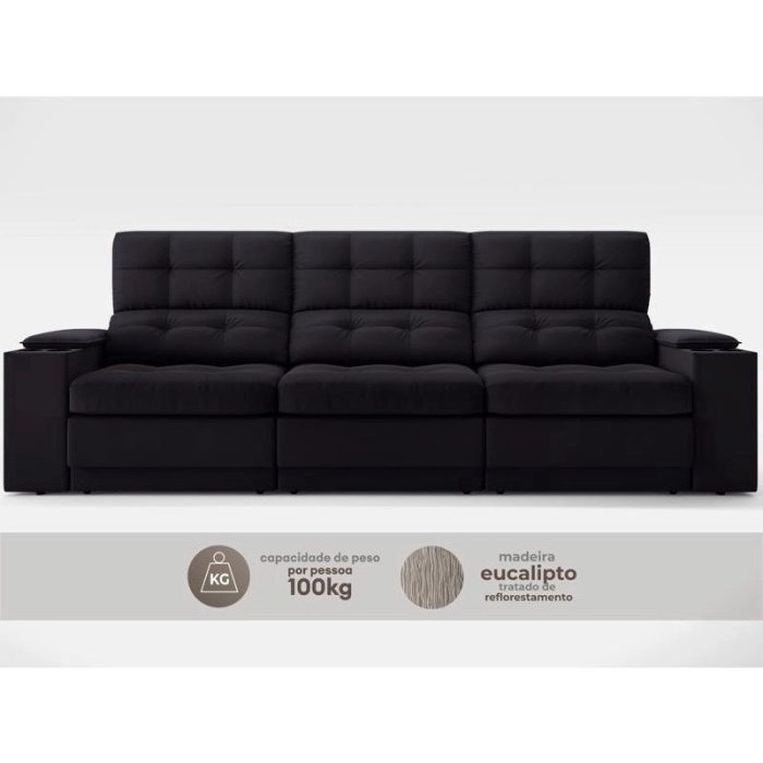 Sofá com Porta Copos e Carregador USB Eureka 2,30m Assento Retrátil e Reclinável Velosuede Preto – netsofas - Imagem 4