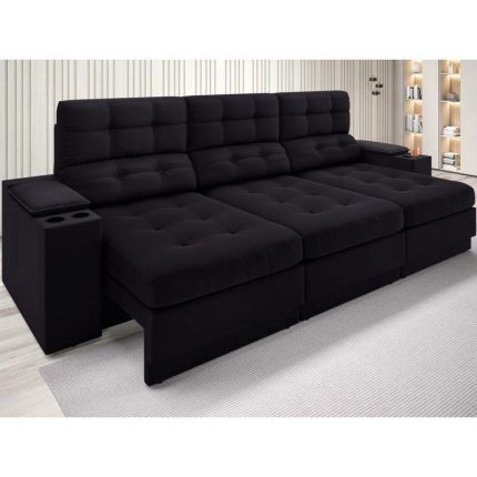 Sofá com Porta Copos e Carregador USB Eureka 2,30m Assento Retrátil e Reclinável Velosuede Preto – netsofas