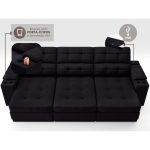 Sofá com Porta Copos e Carregador USB Eureka 2,30m Assento Retrátil e Reclinável Velosuede Preto – netsofas - Imagem 5