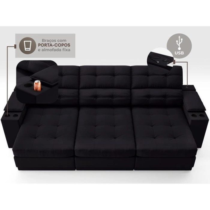 Sofá com Porta Copos e Carregador USB Eureka 2,30m Assento Retrátil e Reclinável Velosuede Preto – netsofas - Imagem 5