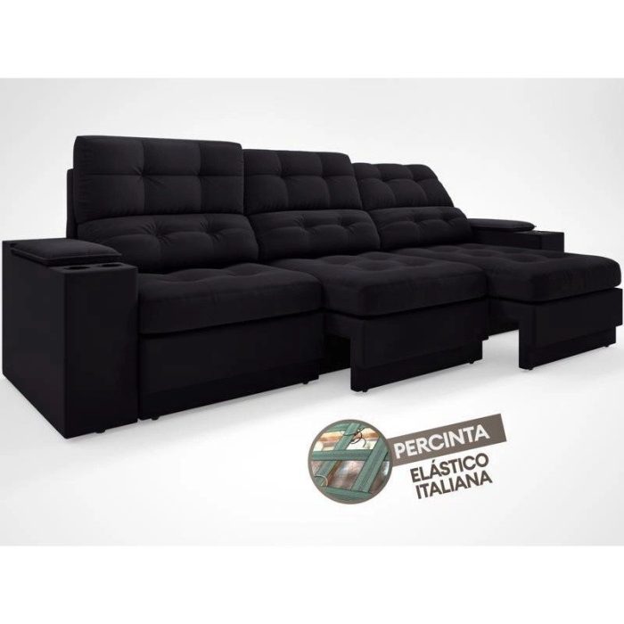 Sofá com Porta Copos e Carregador USB Eureka 2,30m Assento Retrátil e Reclinável Velosuede Preto – netsofas - Imagem 6