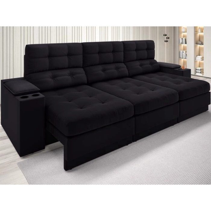 Sofá com Porta Copos e Carregador USB Eureka 2,30m Assento Retrátil e Reclinável Velosuede Preto – netsofas - Imagem 1