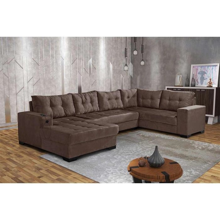Sofá de Canto 6 Lugares Dijon com Chaise Esquerdo e Entrada USB Suede Marrom - Imagem 2