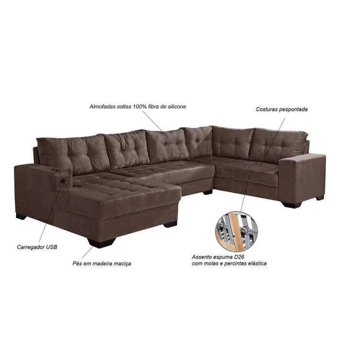 Sofá de Canto 6 Lugares Dijon com Chaise Esquerdo e Entrada USB Suede Marrom - Imagem 5