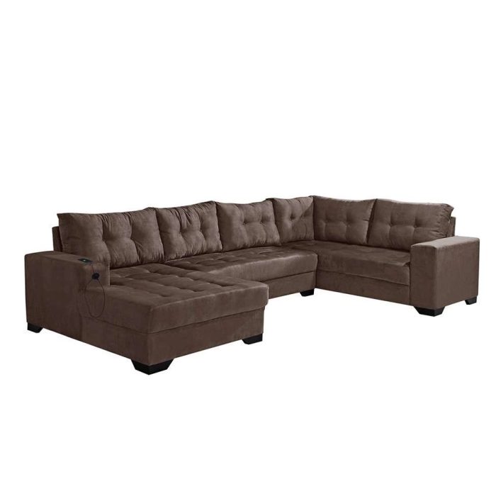 Sofá de Canto 6 Lugares Dijon com Chaise Esquerdo e Entrada USB Suede Marrom - Imagem 1