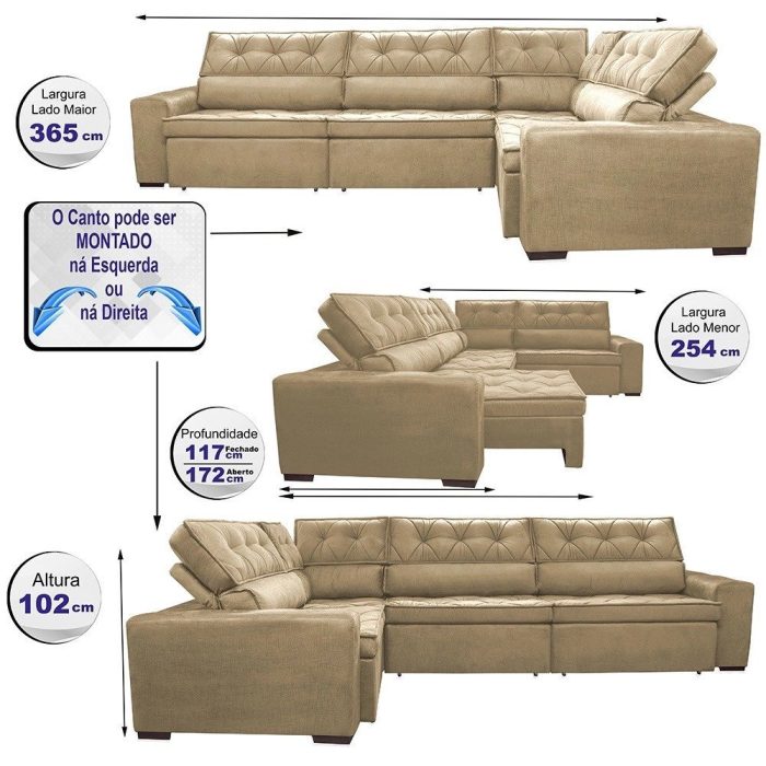 Sofa de Canto Retrátil e Reclinável com Molas Cama inBox Austin 3,65X2,54 ou 2,54X3,65 Suede Velusoft Castor - Imagem 2