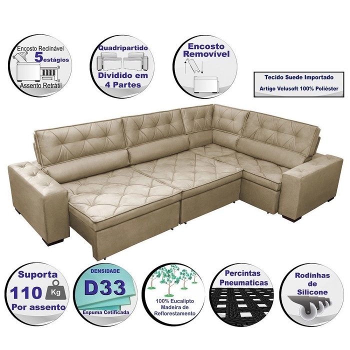 Sofa de Canto Retrátil e Reclinável com Molas Cama inBox Austin 3,65X2,54 ou 2,54X3,65 Suede Velusoft Castor - Imagem 3