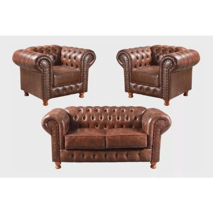 Uma Namoradeira Chesterfield + Duas Poltrona Luiz xv- Courino Marrom - Imagem 1